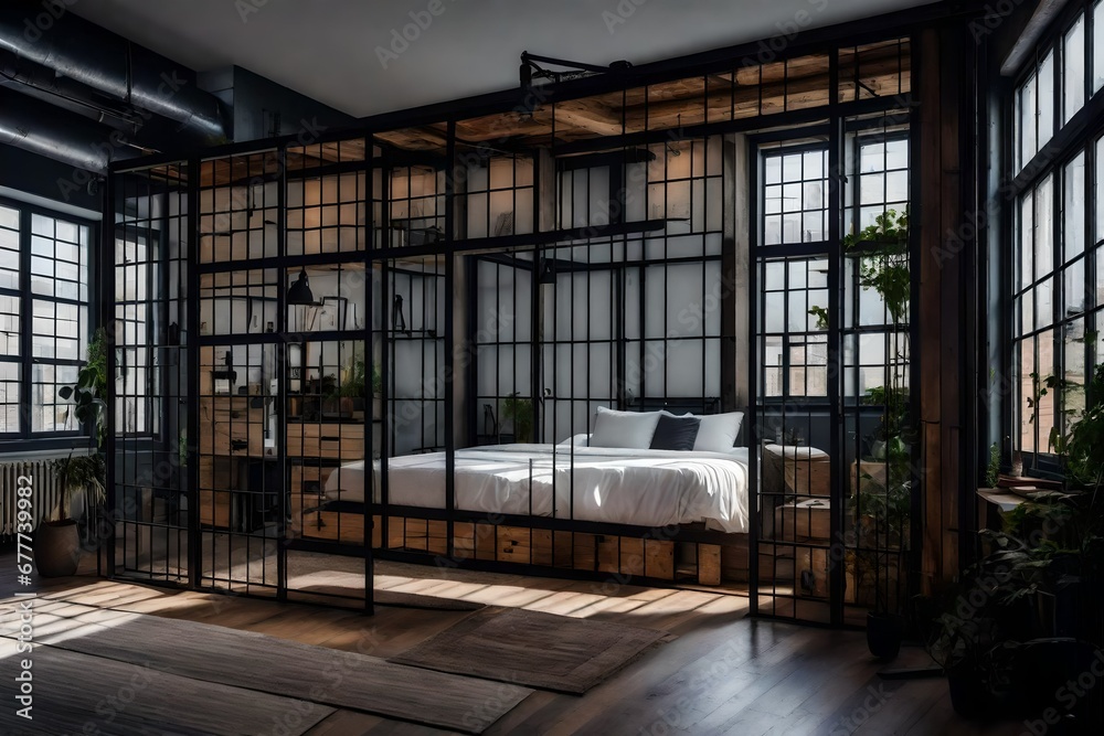 an industrial bedroom with a reclaimed factory window used as a room divider an industrial bedroom with a reclaimed factory window used as a room divider