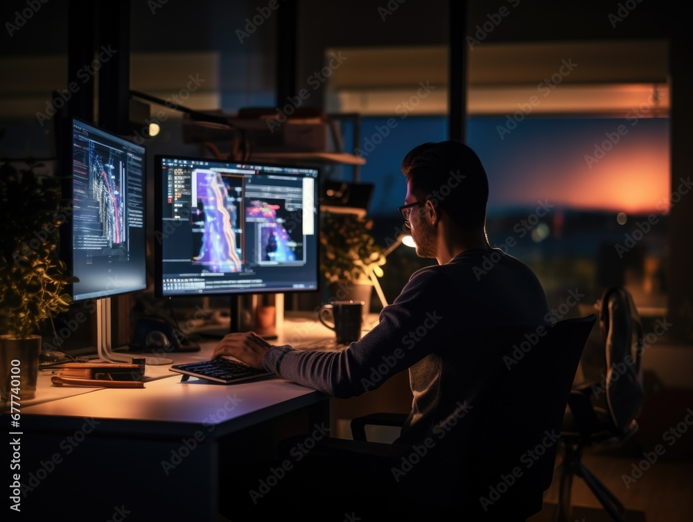 Male data Scientists Work on Personal Computers at Night in a Large Infrastructure Monitoring and Control Room Male data Scientists Work on Personal Computers at Night in a Large Infrastructure Monitoring and Control Room