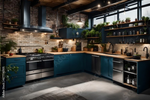 an industrial kitchen with a focus on eco-friendly and sustainable furniture choices
