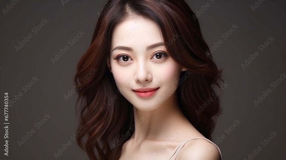 Fototapeta premium On a white background, a beautiful young Asian woman with clean, fresh skin, Face care, facial treatment, cosmetology, beauty and spa, portrait of women.
