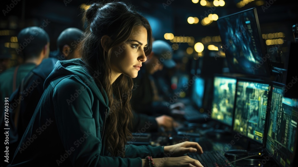 Female data Scientists Work on Personal Computers at Night in a Large Infrastructure Monitoring and Control Room