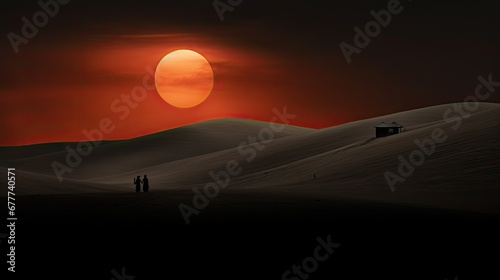  a couple of people standing in the middle of a desert under a red and black sky with the sun setting in the middle of the horizon and the horizon behind them. generative ai