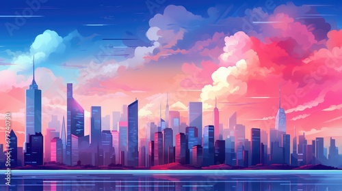 Big city skyscrapers skyline landscape illustration in cartoon style. Scenery abstract background