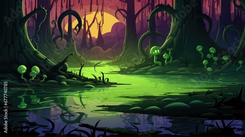 Toxic swamp in magic forest landscape illustration in cartoon style. Scenery background for game