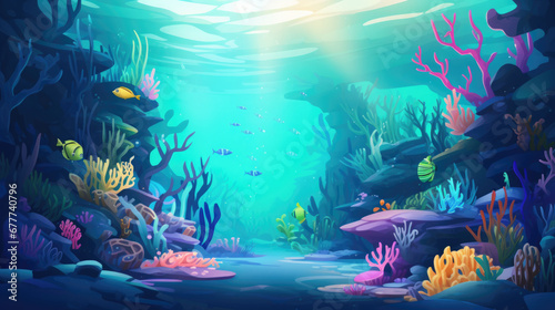 Underwater ocean bottom, coral reefs landscape illustration in cartoon style. Scenery background © Pixel Pine