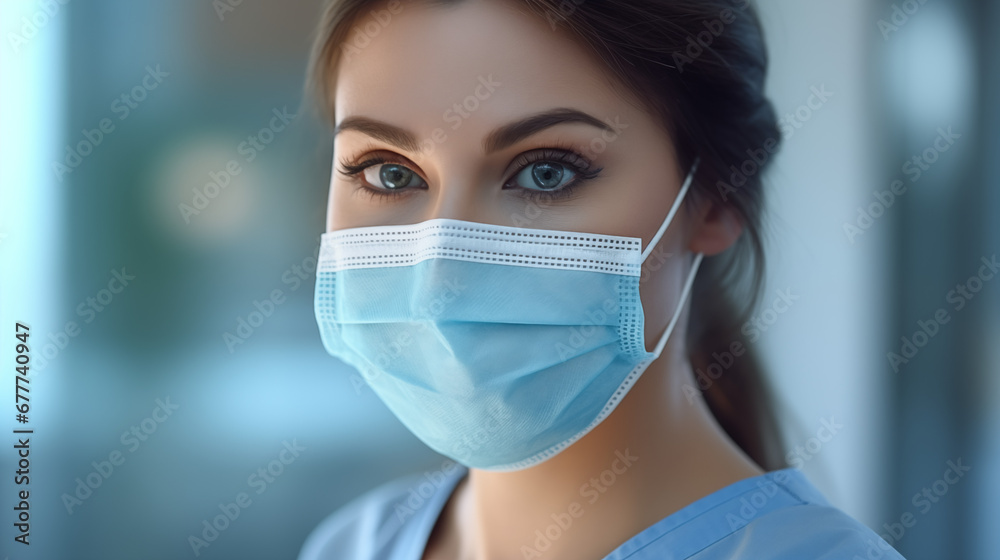 Face close up of a woman medical doctor with mask. Health Care and Medicine advertising concept.