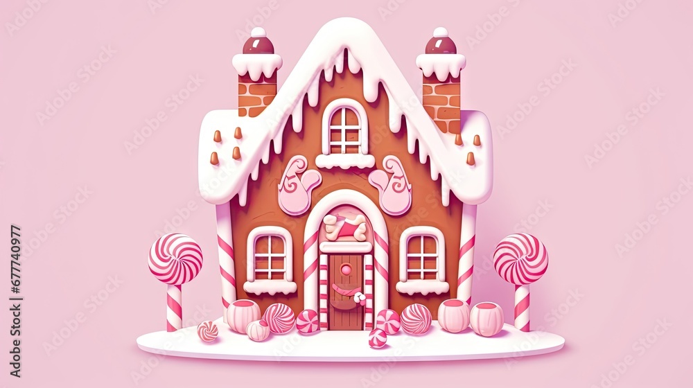  a gingerbread house with candy and lollipops on a pink background for a christmas card or brochure with a gingerbread house and lollipops.  generative ai