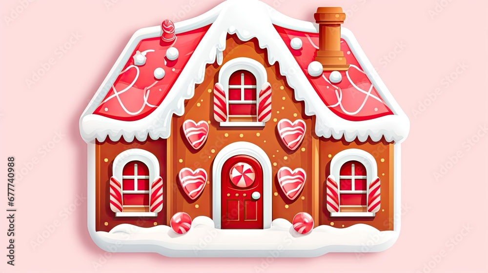  a gingerbread house decorated with candy canes and candy canes in the shape of a gingerbread house with a red roof and a pink background of snow.  generative ai