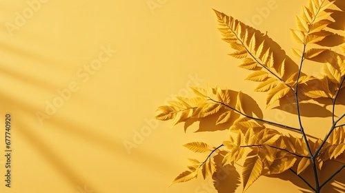  a close up of a yellow leafy plant on a yellow background with a shadow of a tree on the left side of the picture and a shadow of the plant on the right side of the left.  generative ai