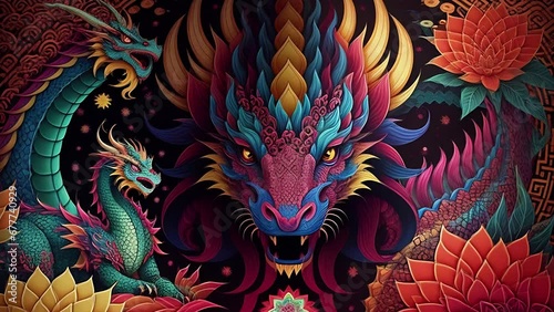 Eastern dragon in asian illustration style. Traditional Asian dragon in japanese retro style. Bright animation with illustrations transformations. AI generated video