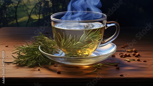  a cup of tea on a wooden table with smoke coming out of the top of the cup and a sprig of rosemary on the side of the cup. generative ai