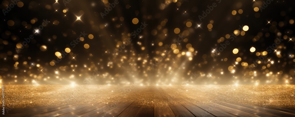 Golden Confetti Rain With A Light Beam On An Empty Stage Space For Text. Сoncept Golden Confetti Rain, Light Beam, Empty Stage, Text Space - obrazy, fototapety, plakaty 