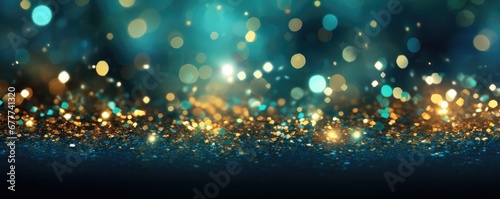 Teal Green And Gold Glitter Bokeh Background Space For Text. Сoncept Boho Chic Home Decor, Diy Crafts, Healthy Recipe Ideas, Mindfulness And Meditation, Fitness Tips