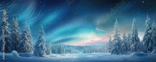 Wintery Forest With A Decorated Christmas Tree And Aurora Borealis Space For Text. Сoncept Whimsical Winter Wonderland, Festive Forest Delight, Enchanting Aurora Dreams, Magical Christmas Tree