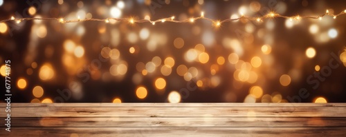 Wooden Table With Christmas Decor And Blurred String Lights Space For Text. Сoncept Cozy Christmas Setup, Festive Table Decor, Magical String Lights, Holiday Mood, Text Space