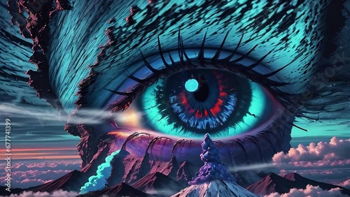 Big human eye against the backdrop of a mountain landscape, illustrations transformations and metamorphose. AI generated video photo