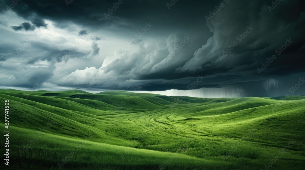  a green field under a cloudy sky with a lightening bolt in the middle of the field and a dark cloud in the middle of the sky over the field.  generative ai