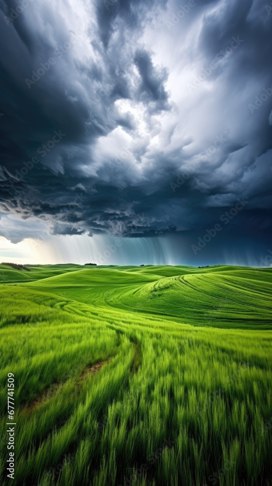  a green field under a cloudy sky with a dirt path in the middle of the field in the foreground is a green field with a dirt path in the foreground.  generative ai