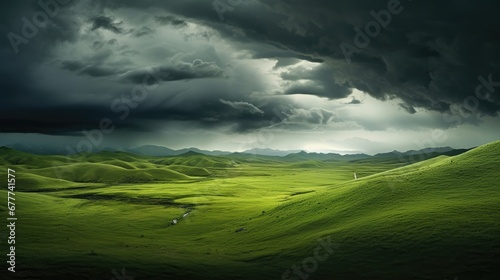  a green field under a cloudy sky with a few sheep grazing on the grass in the foreground and a few hills in the distance with dark clouds in the distance. generative ai