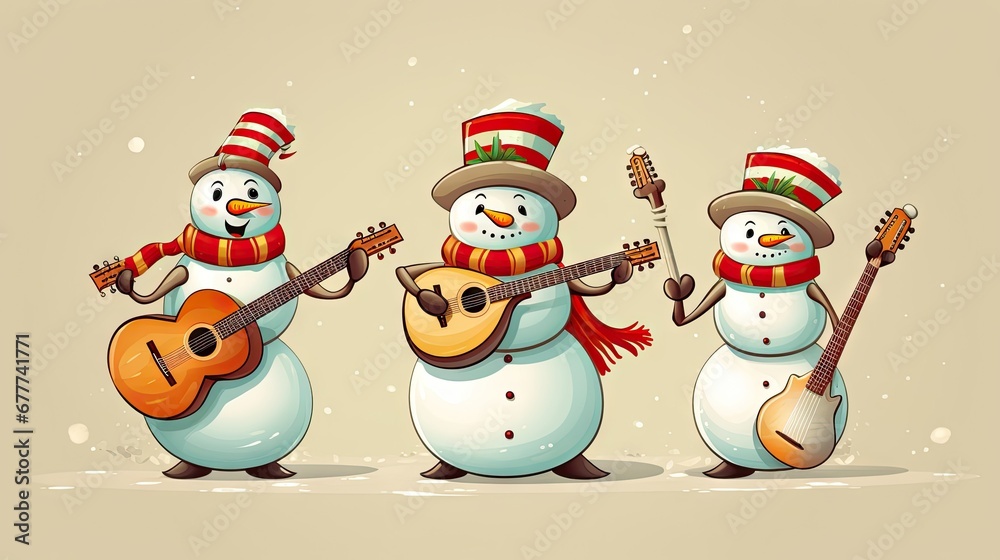  three snowmen with hats, scarfs, and a ukulele are standing in the snow and one has a ukulele and the other has a guitar.  generative ai