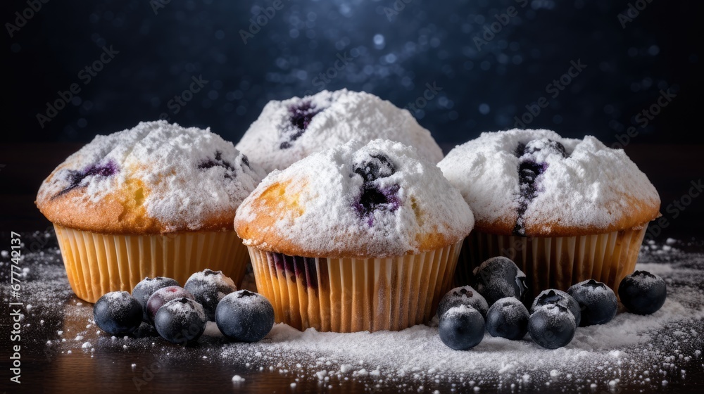 a group of blueberry muffins sitting on top of a table covered in powdered sugar and blueberries are next to the muffins on the table. generative ai a group of blueberry muffins sitting on top of a table covered in powdered sugar and blueberries are next to the muffins on the table. generative ai