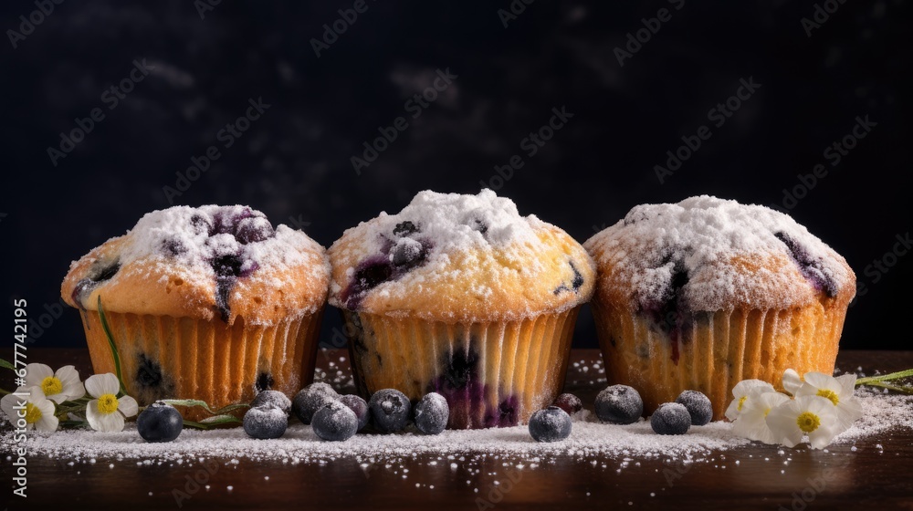 three blueberry muffins covered in powdered sugar and blueberries on a wooden table with flowers and a sprig of blueberries on the side. generative ai three blueberry muffins covered in powdered sugar and blueberries on a wooden table with flowers and a sprig of blueberries on the side. generative ai