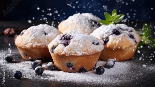  a group of blueberry muffins sitting on top of a table covered in powdered sugar and sprinkled with blueberries on top of a black surface.  generative ai