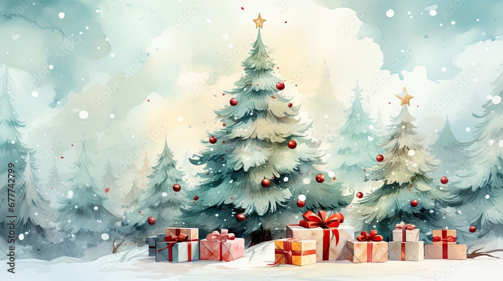  a painting of a snowy christmas scene with presents in front of a christmas tree with a star on top of it and a star on the top of the tree.  generative ai