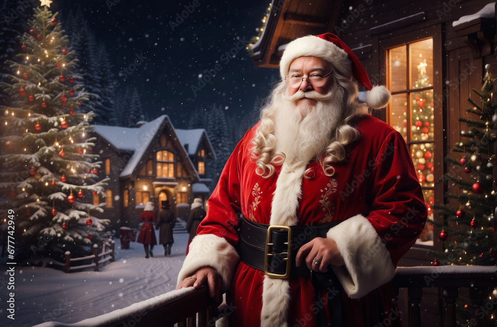 Digital illustration of a Santa Claus stands tall and jolly, by a warm smile. In the air magical is flurry of Christmas stars , illuminating the serene landscape.