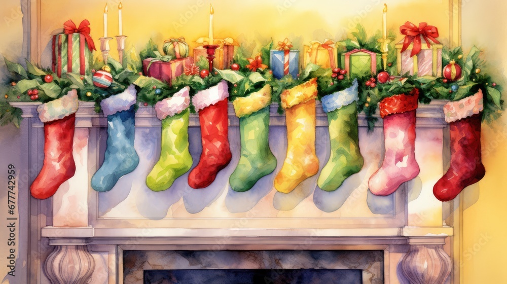  a painting of christmas stockings hanging from a mantel over a fire place with candles and stockings hanging from a mantel over a mantel with stockings on it.  generative ai