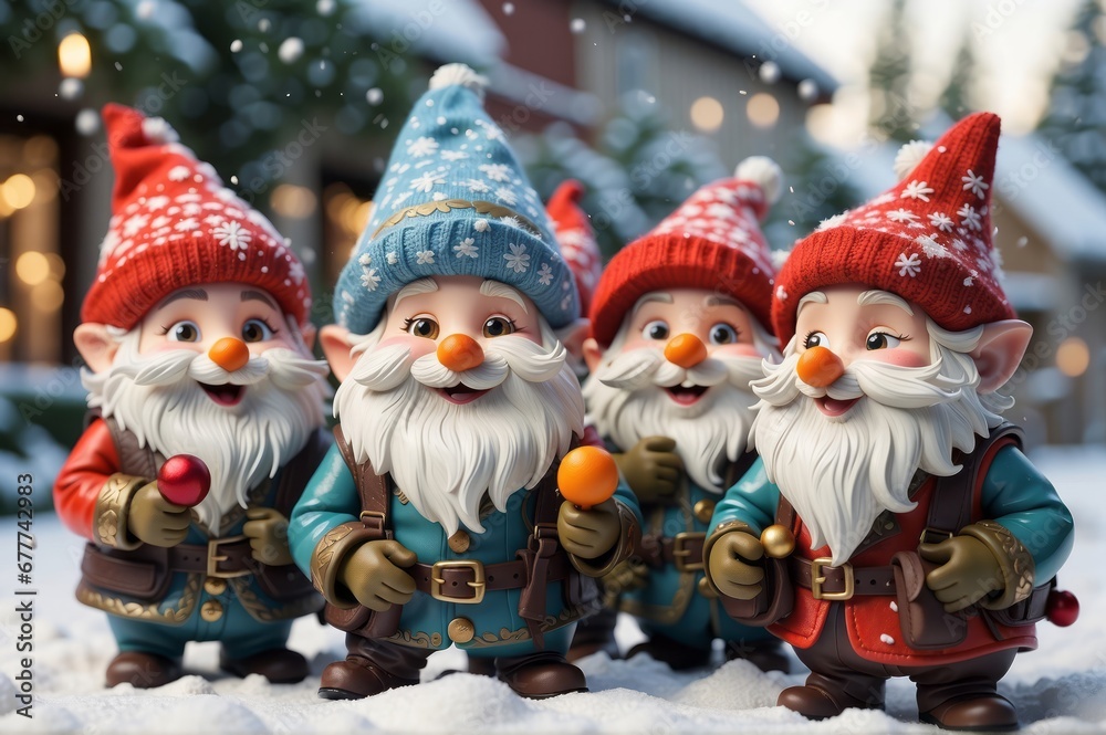 A group of mischievous gnomes joyfully play with Christmas decorations in a picturesque winter garden. Captures the enchanting and carefree spirit of Christmas festivities. A group of mischievous gnomes joyfully play with Christmas decorations in a picturesque winter garden. Captures the enchanting and carefree spirit of Christmas festivities.
