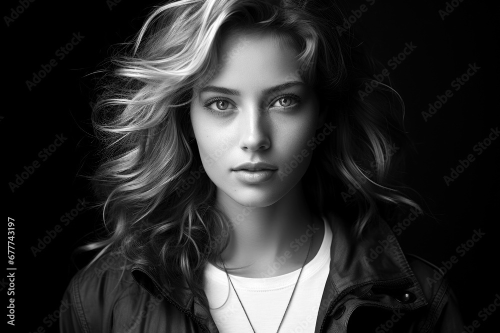 Large black and white portrait of a young woman Large black and white portrait of a young woman