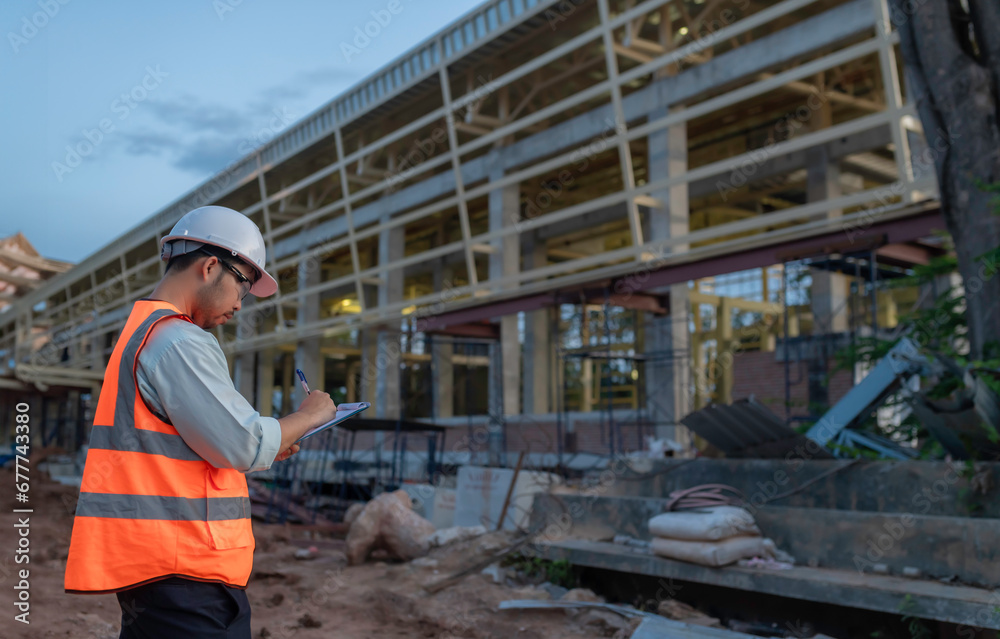 Asian engineer working at site of a large building project,Thailand people,Work overtime at construction site Asian engineer working at site of a large building project,Thailand people,Work overtime at construction site