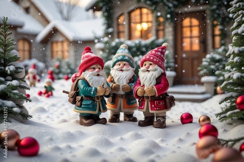 A group of mischievous gnomes joyfully play with Christmas decorations in a picturesque winter garden. Painting captures the enchanting and carefree spirit of Christmas festivities. photo