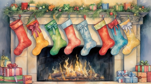  a painting of christmas stockings hanging from a mantel over a fire place with presents and a christmas tree in front of a fireplace with stockings hanging from the mantel. generative ai