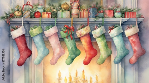  a painting of christmas stockings hanging from a mantel with presents and a fireplace in front of a fireplace mantel with a christmas tree and stockings hanging from the mantel. generative ai