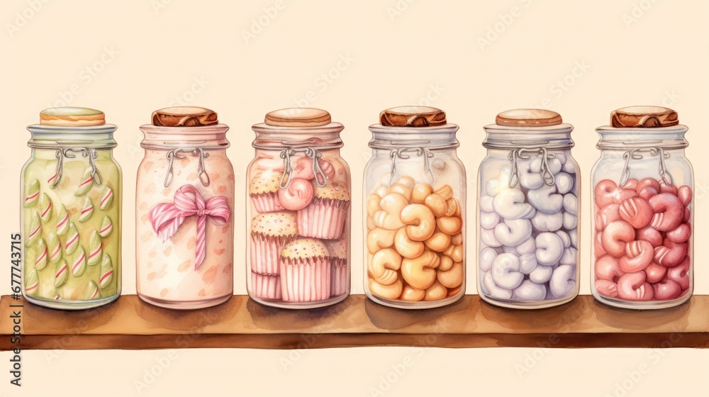 a painting of a row of glass jars filled with different types of candies and pretzels, with a pink ribbon tied around the top of the jars. generative ai a painting of a row of glass jars filled with different types of candies and pretzels, with a pink ribbon tied around the top of the jars. generative ai