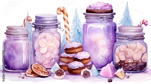  a group of jars filled with different types of candies next to a candy cane and a candy cane on top of a snow covered ground next to a pile of cookies.  generative ai