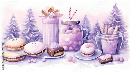  a painting of cupcakes, cookies, and a jar of milkshakes in front of a snowy scene with pine trees and a mug of milkshake. generative ai