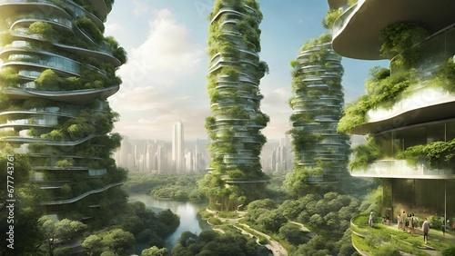 AI A utopian cityscape where nature and technology coexist in perfect harmony. Imagine towering photo