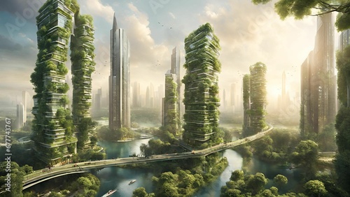 AI A utopian cityscape where nature and technology coexist in perfect harmony. Imagine towering photo