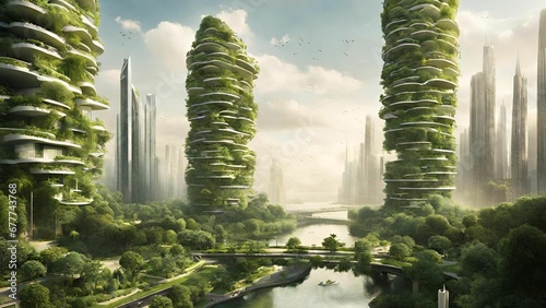AI A utopian cityscape where nature and technology coexist in perfect harmony. Imagine towering photo
