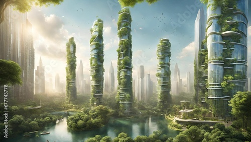 AI A utopian cityscape where nature and technology coexist in perfect harmony. Imagine towering photo