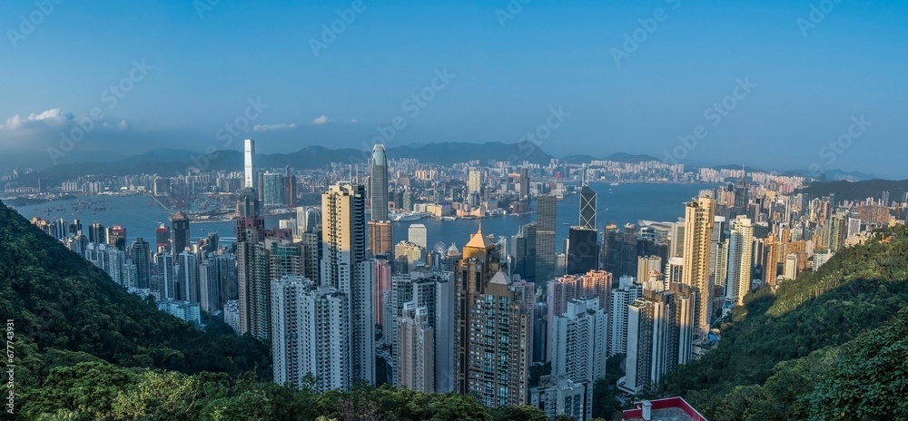Aerial panoramic view of the cityscape with skyscrapers and blue sky