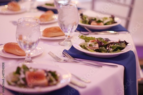 Closeup of a restaurant table with a healthy dish served for the guests, same serving for everyone