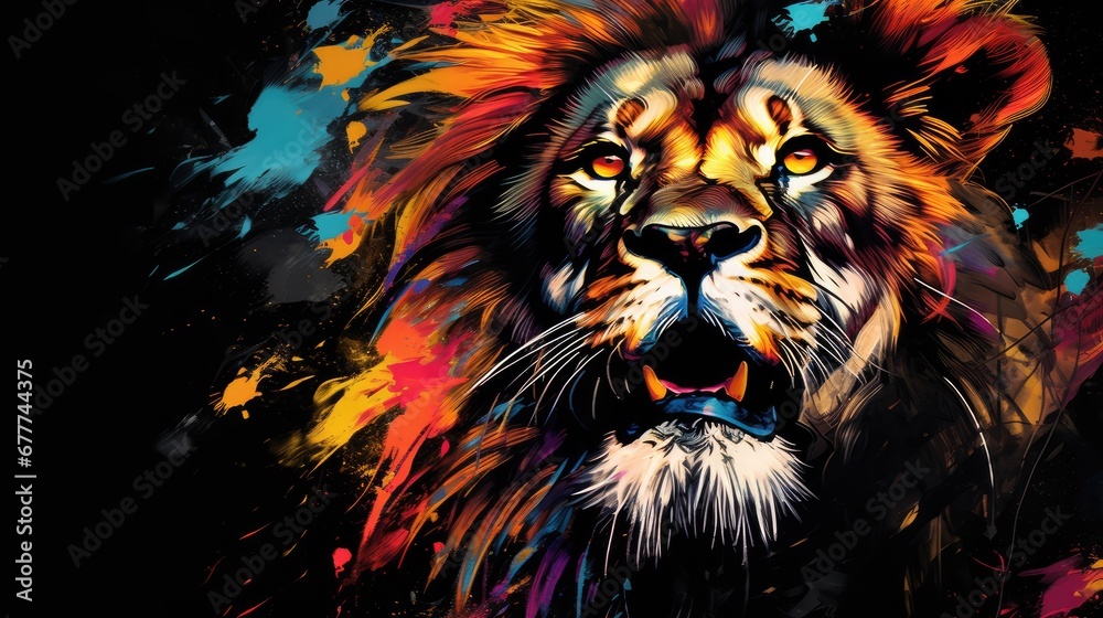  a close up of a lion's face with colorful paint splatters on it's face and a black background with blue, yellow, red, orange, yellow, orange, and red, and black spots.  generative ai