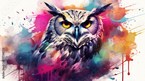  a watercolor painting of an owl with yellow eyes and a black and white owl with yellow eyes and a black and white owl with yellow eyes and red and blue watercolor splath. generative ai © Nadia