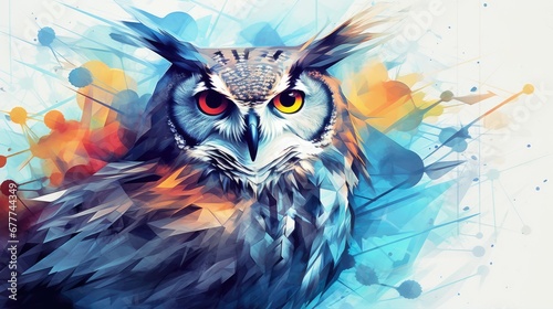  a painting of an owl with orange eyes and a blue background with a splash of paint on the left side of the owl's face and the owl's head.  generative ai