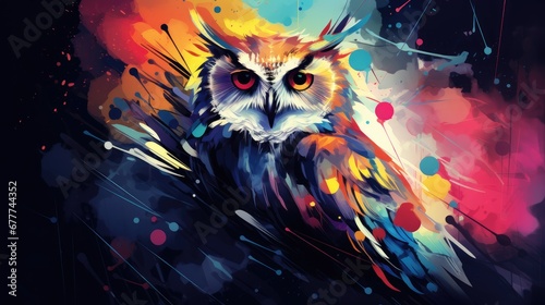  a painting of an owl sitting on a branch with paint splatters all over it's body and a black background with a splash 