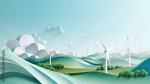 sustainability, zero carbon, net zero, negative carbon, landscape wind turbine, Generative AI photo